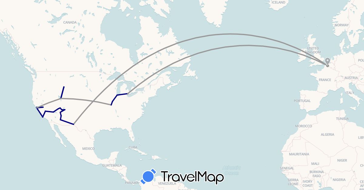 TravelMap itinerary: driving, plane, hiking in France, United States (Europe, North America)